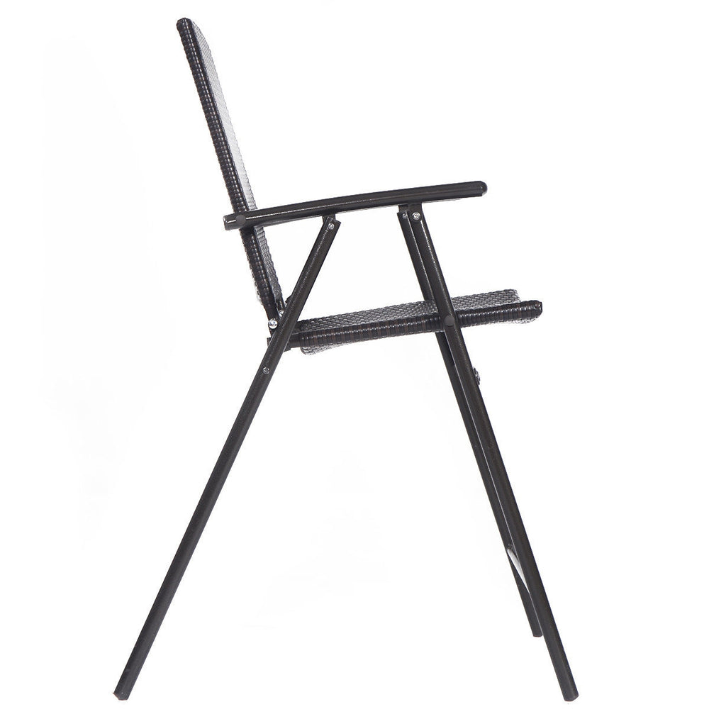 Side view of a folding rattan bar chair with armrests and footrest, featuring a durable steel frame for outdoor use.