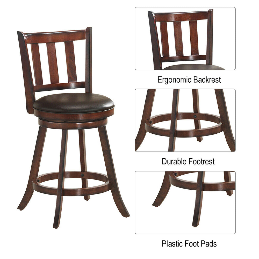 360-degree swivel wooden bar stool with cushioned seat, ergonomic backrest, and durable footrest for kitchen or bar use.