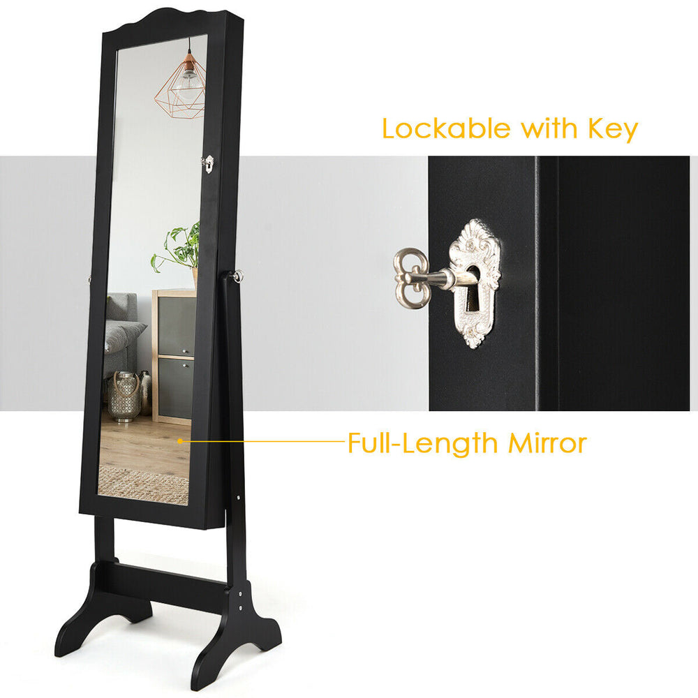Black jewelry cabinet armoire with full-length mirror and secure lock, designed for organized storage and easy access.