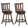 Set of 2 wooden counter height bar stools with cushioned seats, 360-degree swivel, ideal for kitchen or bar use.