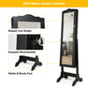 Full-length mirrored jewelry cabinet in black with lock, featuring 5 shelves, 29 hooks, and 60 ring slots for organized.