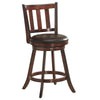 Wooden counter height bar stool with cushioned seat, 360-degree swivel design, ideal for kitchen or bar use.