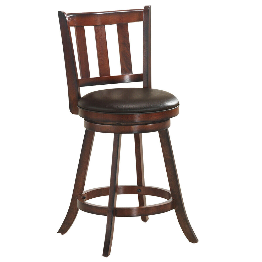 Wooden counter height bar stool with cushioned seat, 360-degree swivel design, ideal for kitchen or bar use.