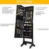 Mirrored lockable jewelry cabinet in black with 5 shelves, 29 hooks, and 60 ring slots for organized storage.