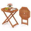 Octagon folding patio table in teak finish with 2" umbrella hole, perfect for outdoor dining and space-saving.