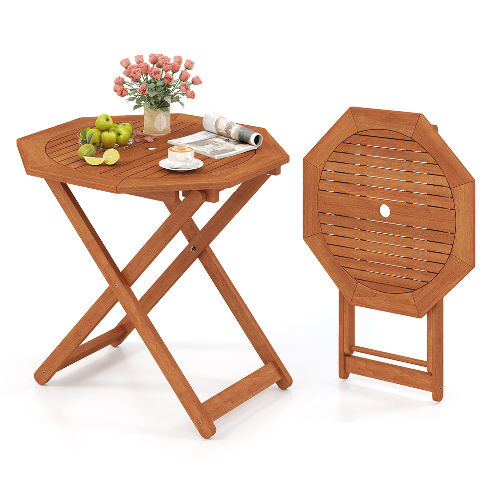 Octagon folding patio table in teak finish with 2" umbrella hole, perfect for outdoor dining and space-saving.