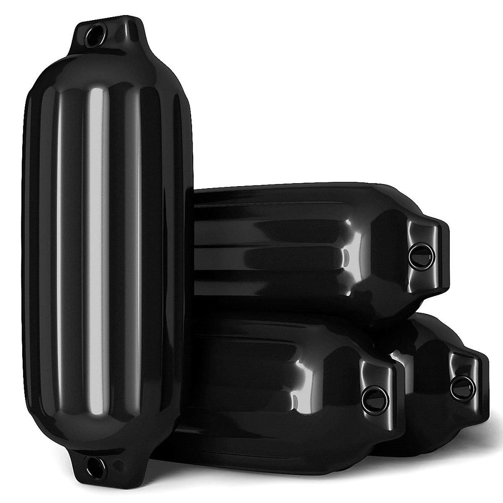 Black ribbed marine boat fenders, 8.5" x 27", made from UV-resistant vinyl for durable dock protection.