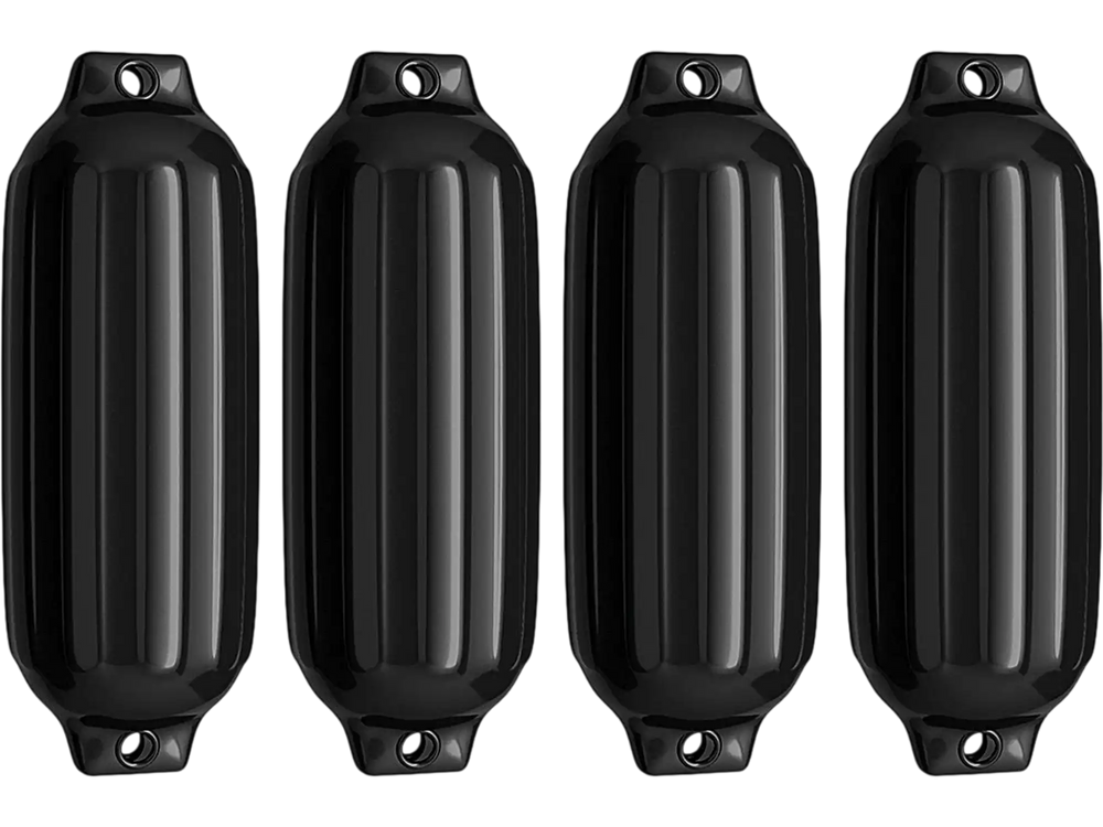 Four black ribbed marine boat fenders, 8.5" x 27", made of UV-resistant vinyl for durable dock protection.