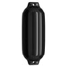 Black 8.5" x 27" ribbed marine boat fender made of UV-resistant vinyl, designed for durable protection at the dock.