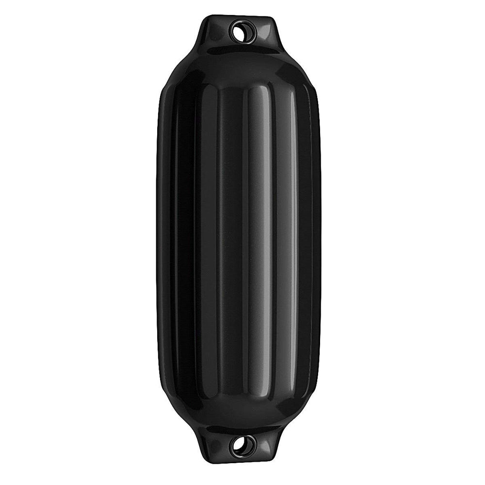 Black 8.5" x 27" ribbed marine boat fender made of UV-resistant vinyl, designed for durable protection at the dock.