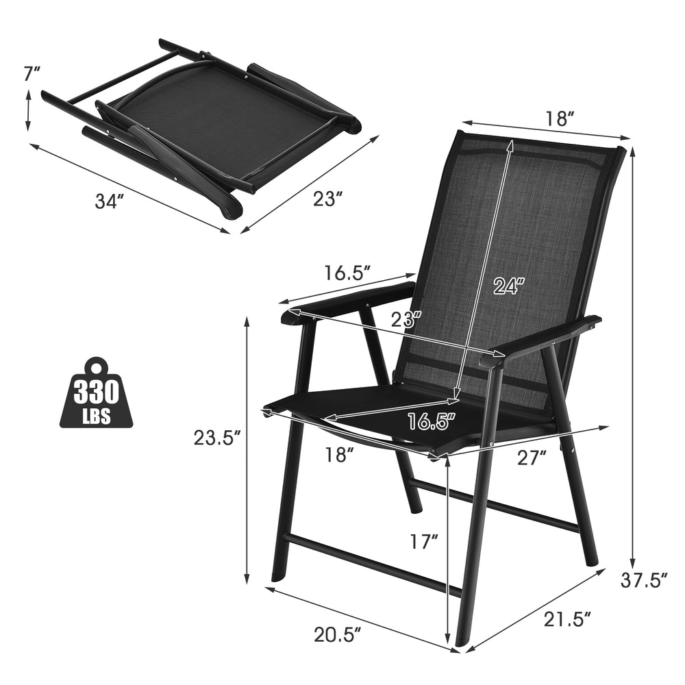 Folding outdoor patio chair set with ergonomic armrests, black metal frame, durable fabric, and lightweight design.