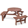 Round wooden picnic table set with benches, made of fir wood, seats 6, features umbrella hole, ideal for outdoor.