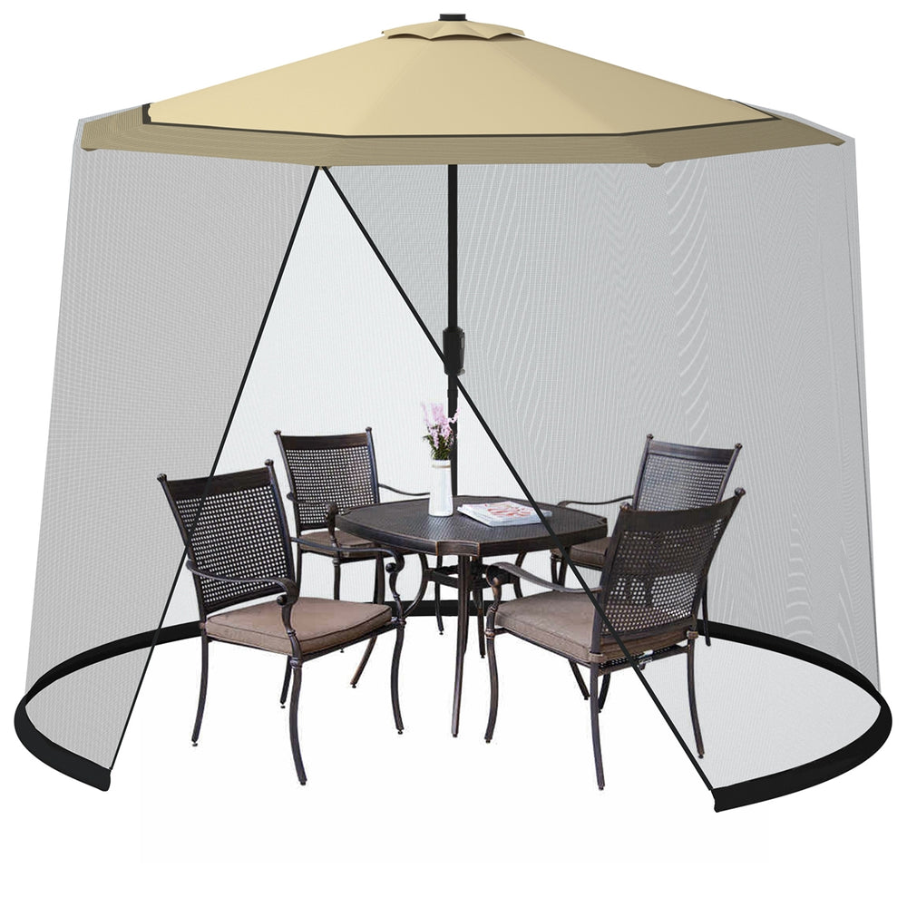 Mosquito net screen for outdoor dining, designed for 9-10 ft umbrellas, featuring a zippered entrance and lightweight.
