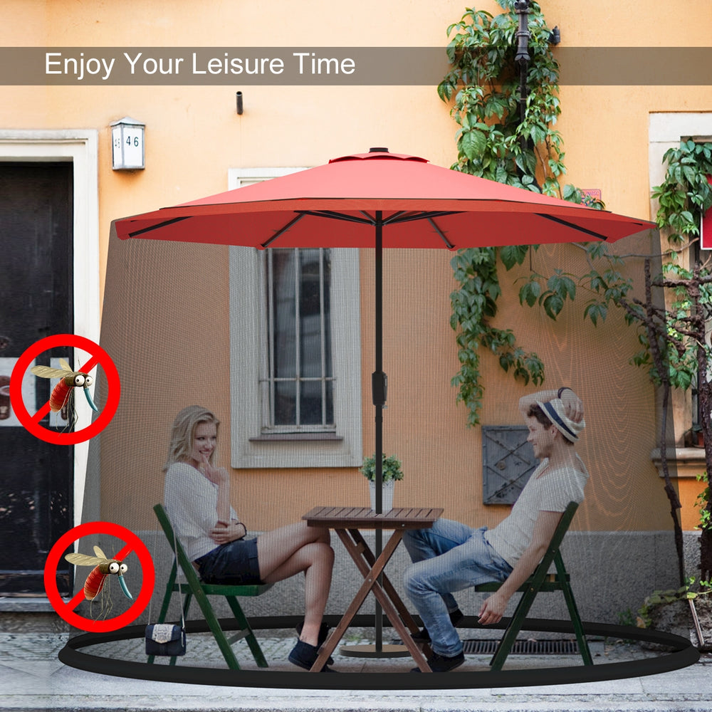 Outdoor umbrella table screen net in red, adjustable for 9-10 ft umbrellas, keeps bugs out for enjoyable leisure time.