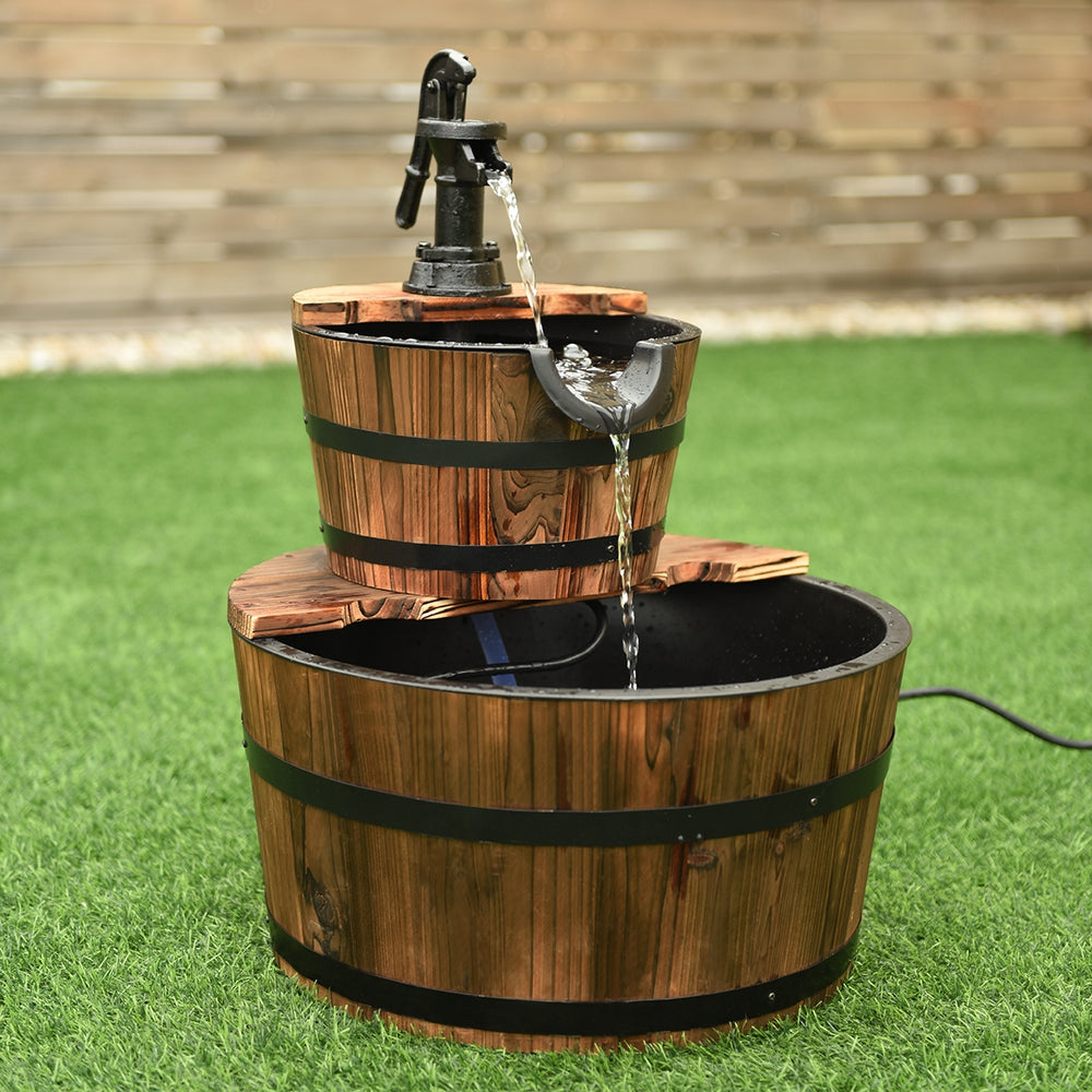 Side view of the 2-Tiers Outdoor Wooden Barrel Waterfall Fountain, showcasing its smooth finish and rustic charm for.