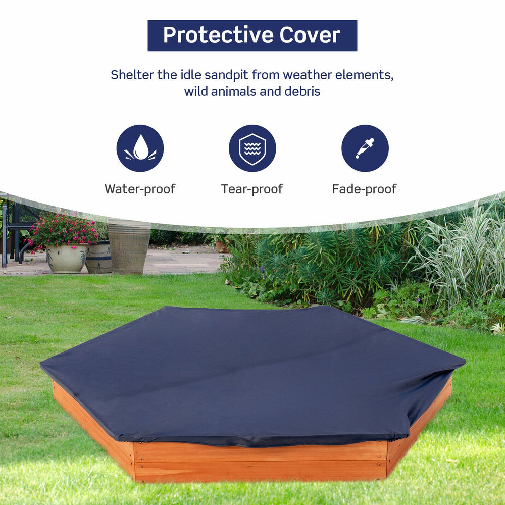 Hexagon wooden cedar sandbox cover, water-proof and tear-proof, protects sand from weather and debris for outdoor play.