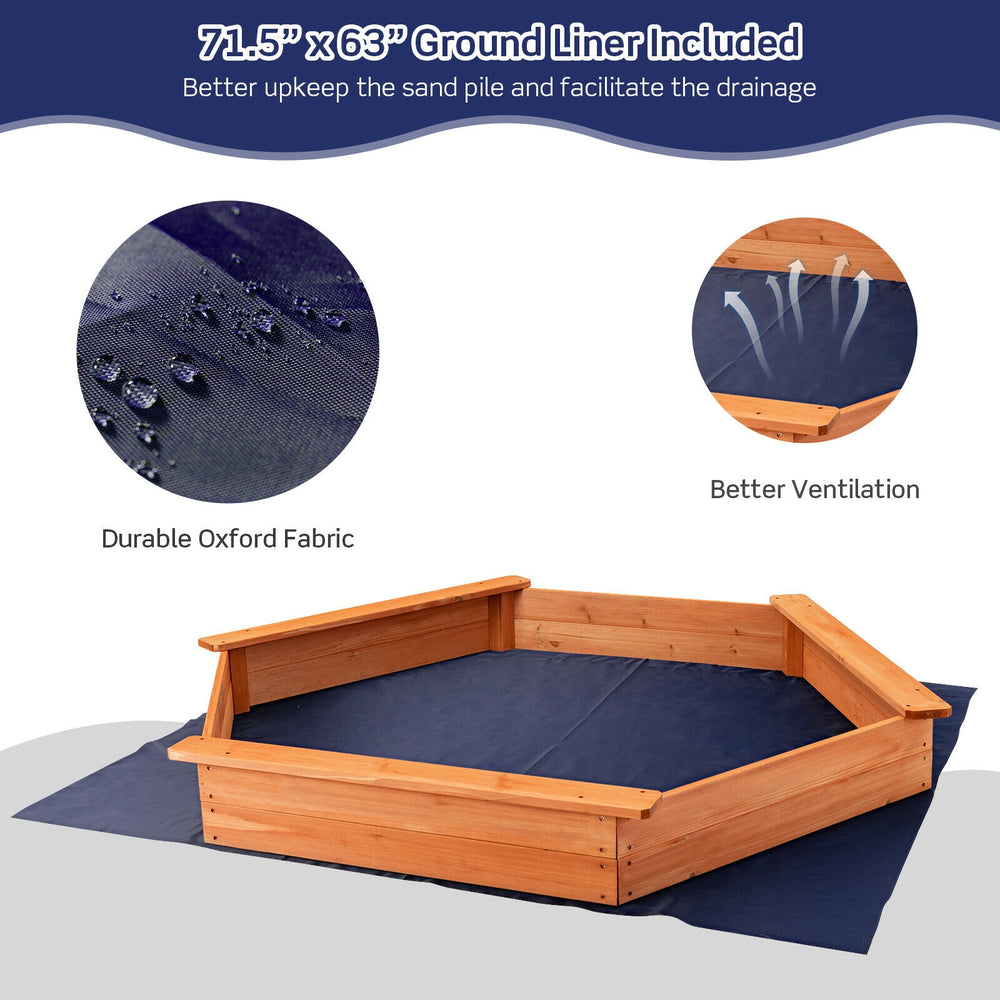 Hexagon wooden cedar sand box with seat boards, featuring durable oxford ground liner for drainage and sand upkeep.