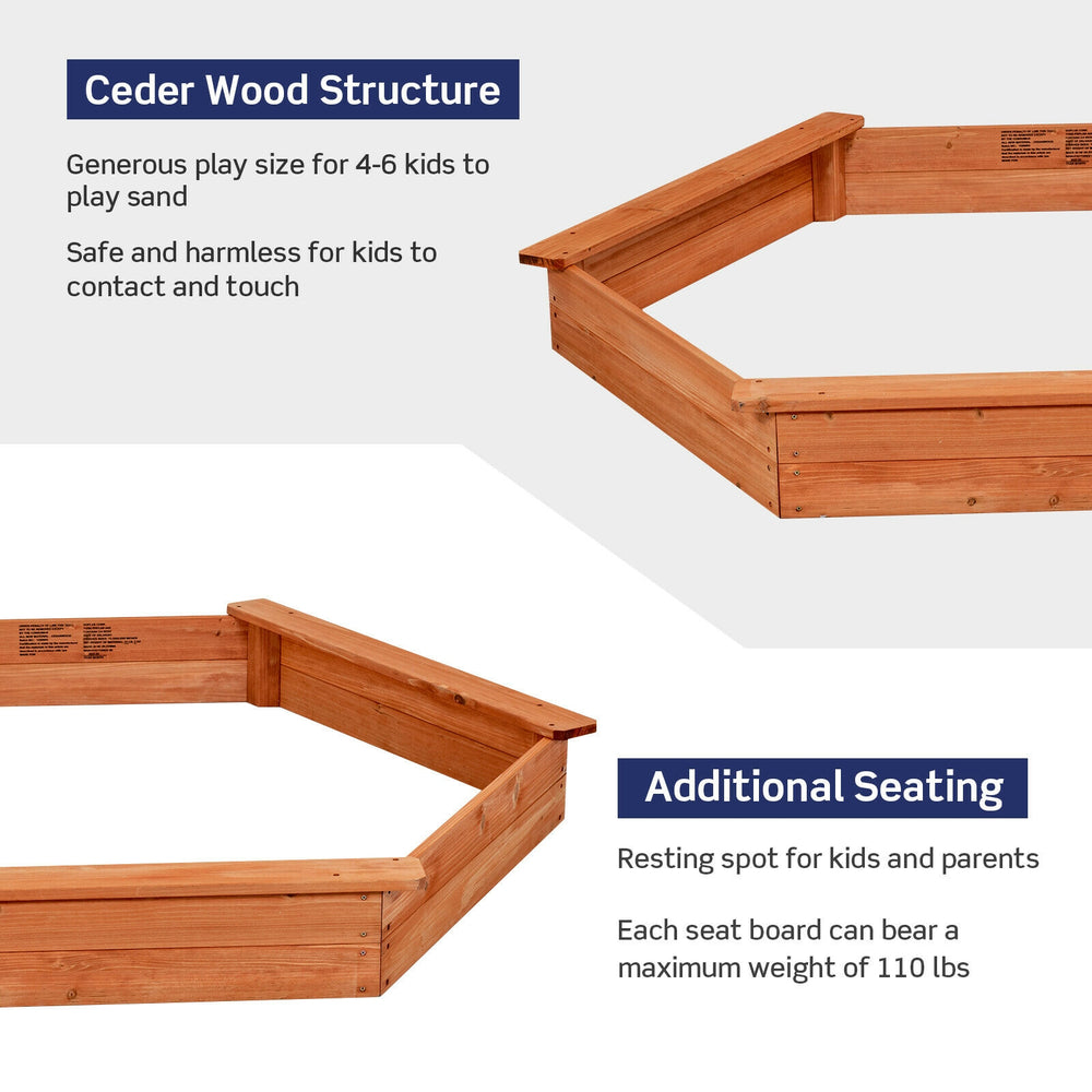Hexagon wooden cedar sand box with seat boards, designed for 4-6 kids, perfect for outdoor play and relaxation.