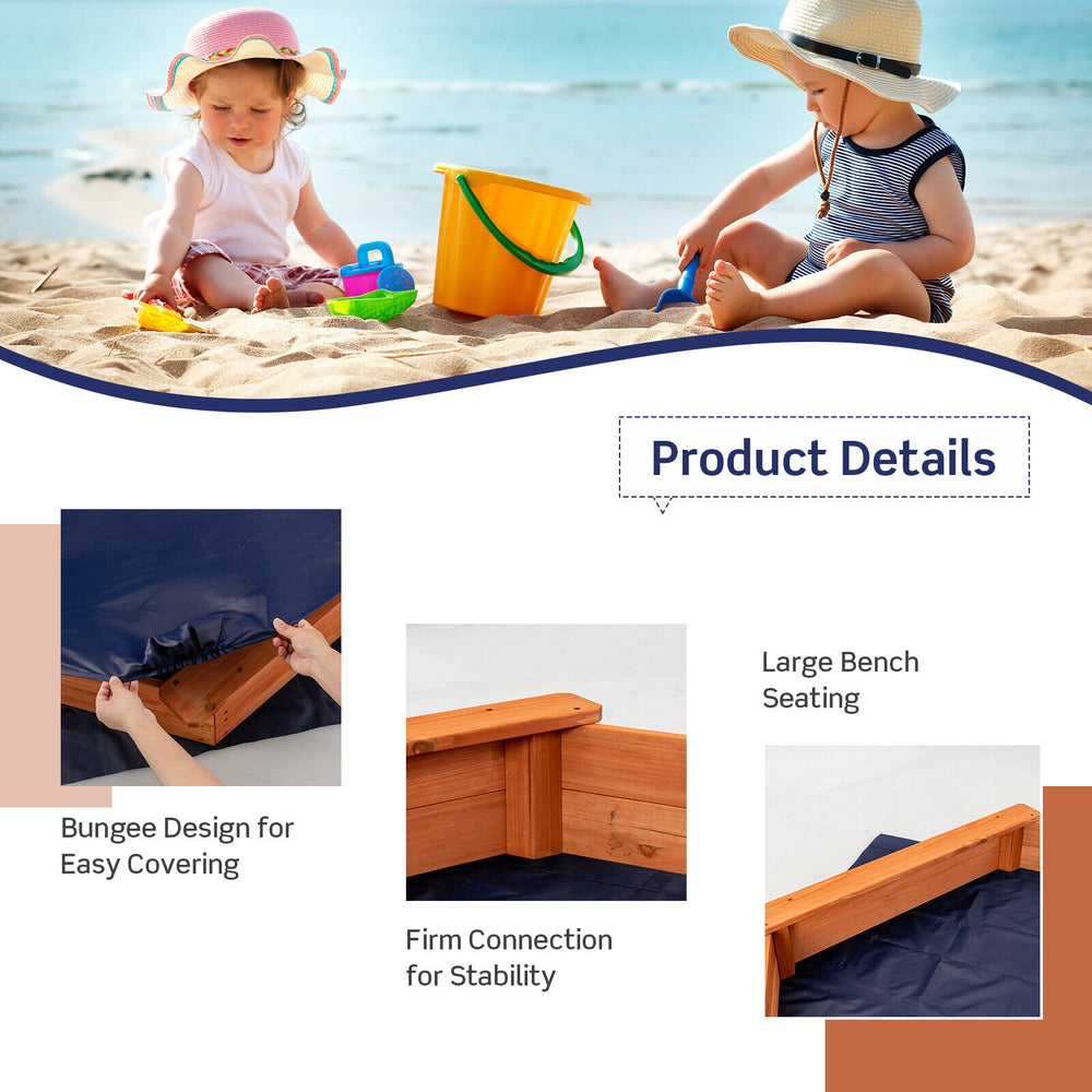 Hexagon wooden cedar sand box with seat boards, designed for kids, featuring a durable cover and large bench seating.