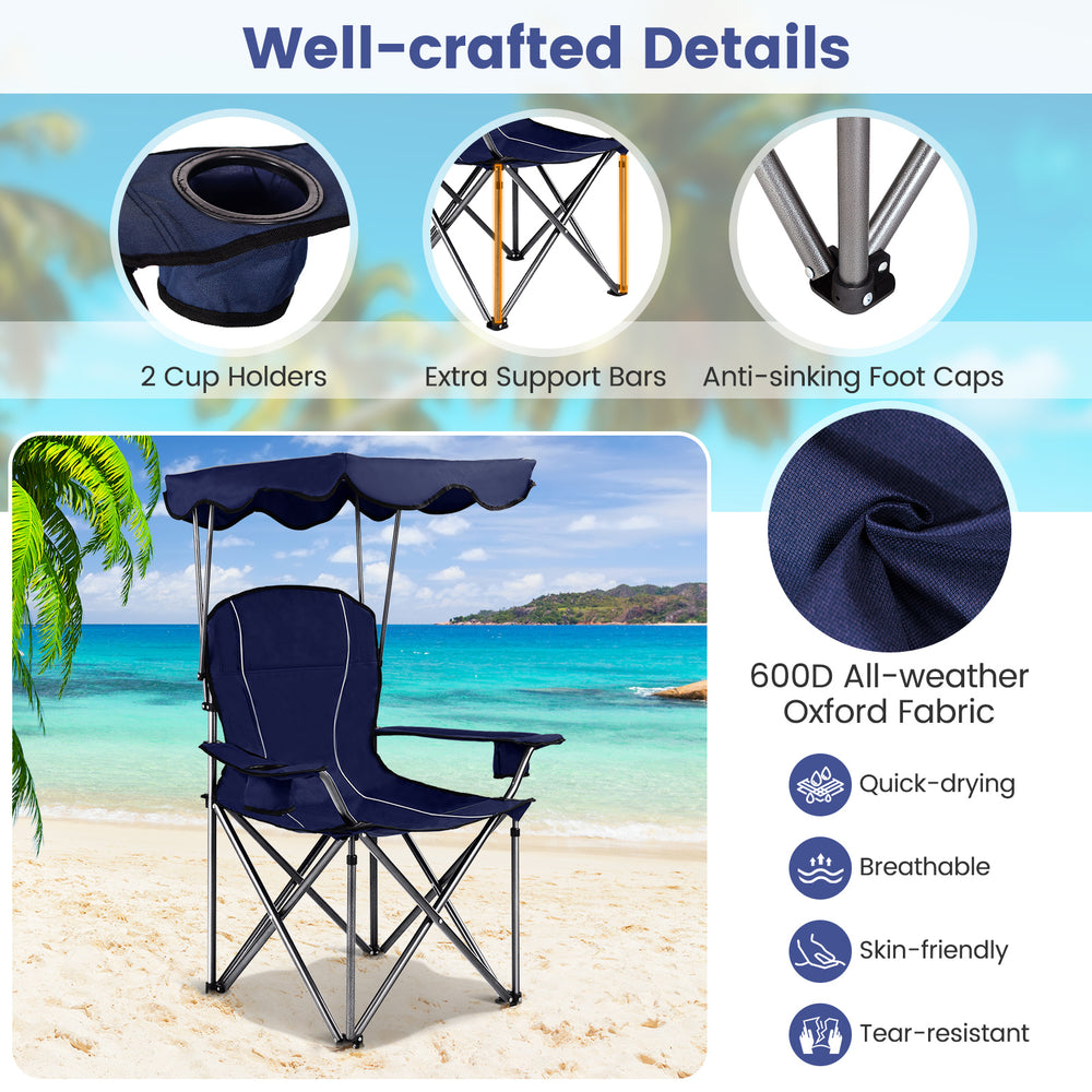 Portable folding beach canopy chair in blue with adjustable shade, cup holders, and durable 600D oxford fabric for.