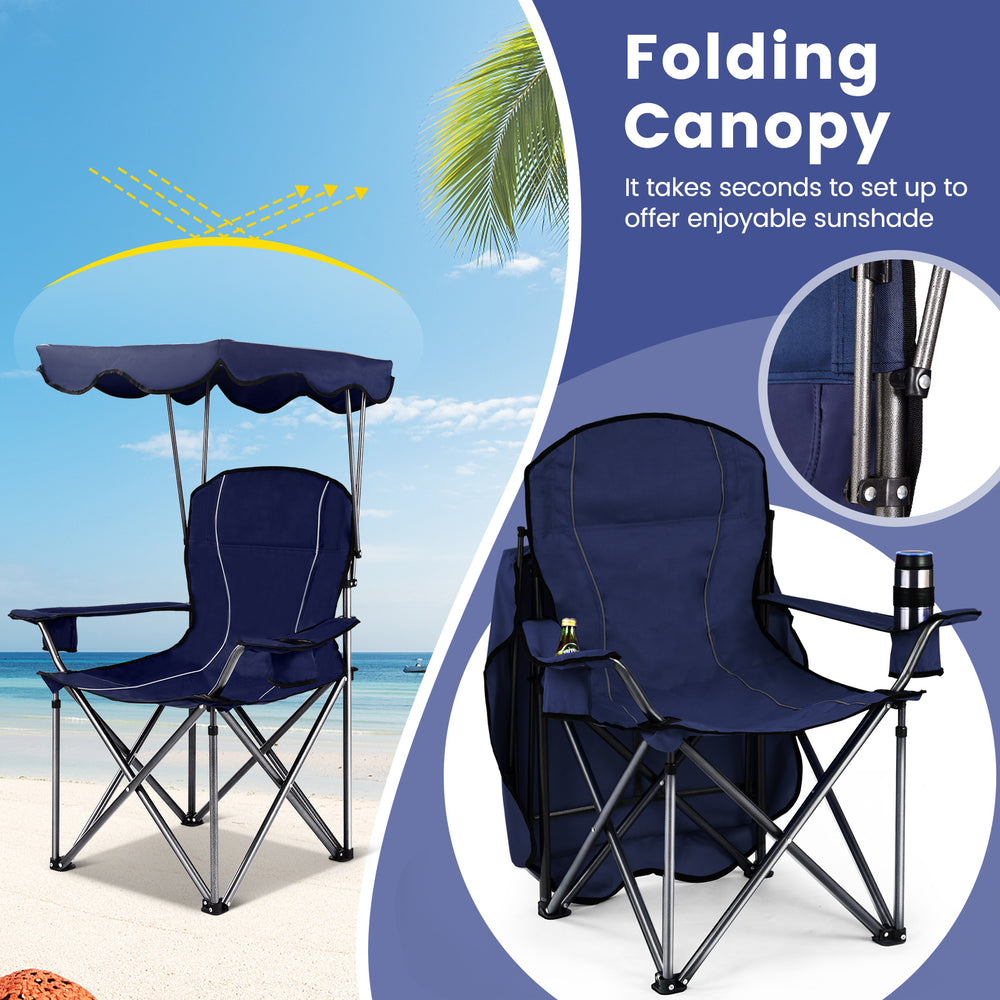 Portable blue folding beach canopy chair with adjustable shade, cup holders, and ergonomic backrest for outdoor.