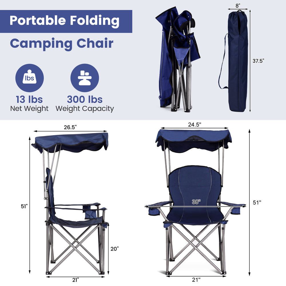 Side view of the portable folding beach canopy chair in blue, showcasing its sturdy frame and adjustable canopy for.