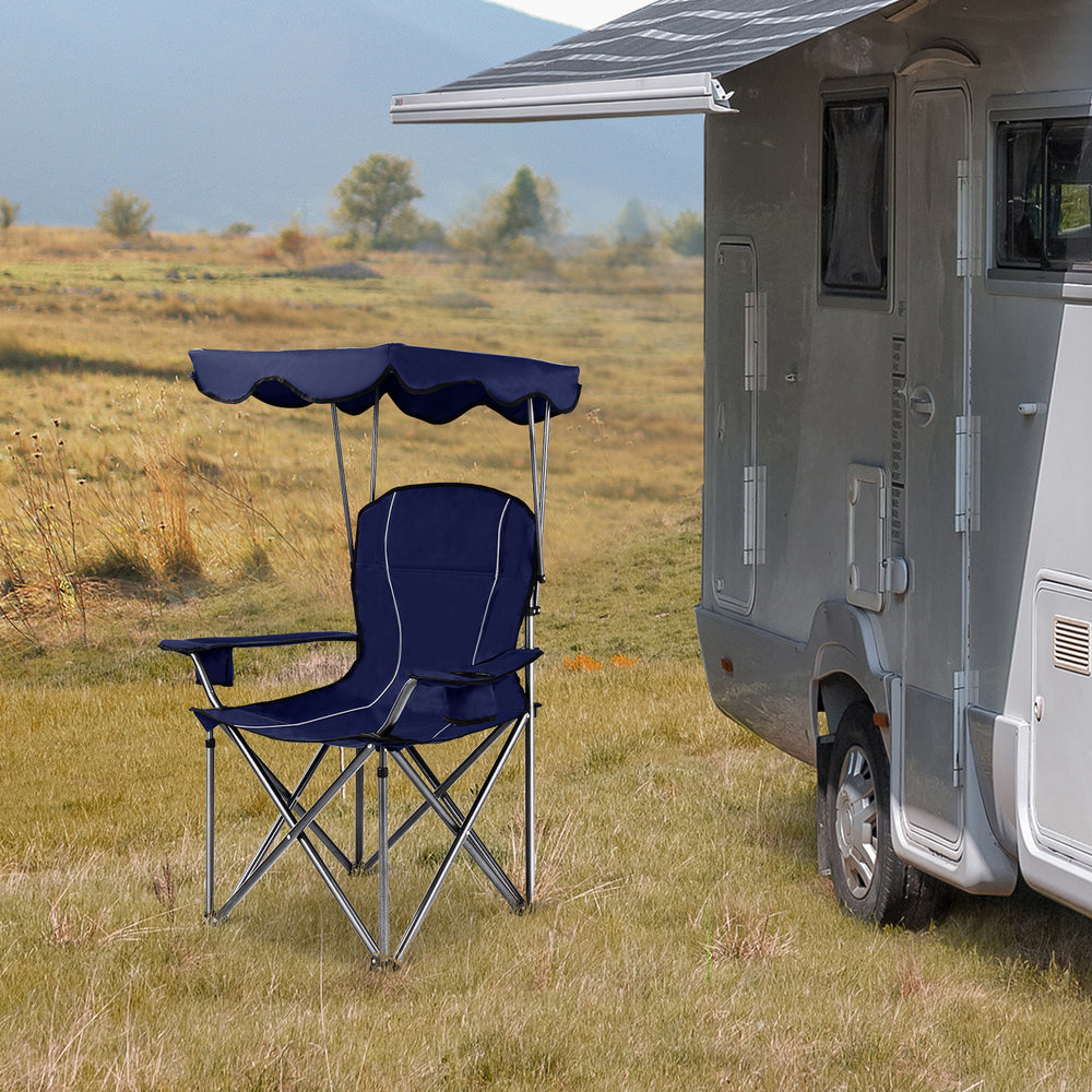 Portable folding beach canopy chair in blue with adjustable shade, cup holders, ideal for outdoor relaxation.