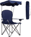 Portable folding beach canopy chair in blue with adjustable shade, cup holders, and carry bag for outdoor relaxation.