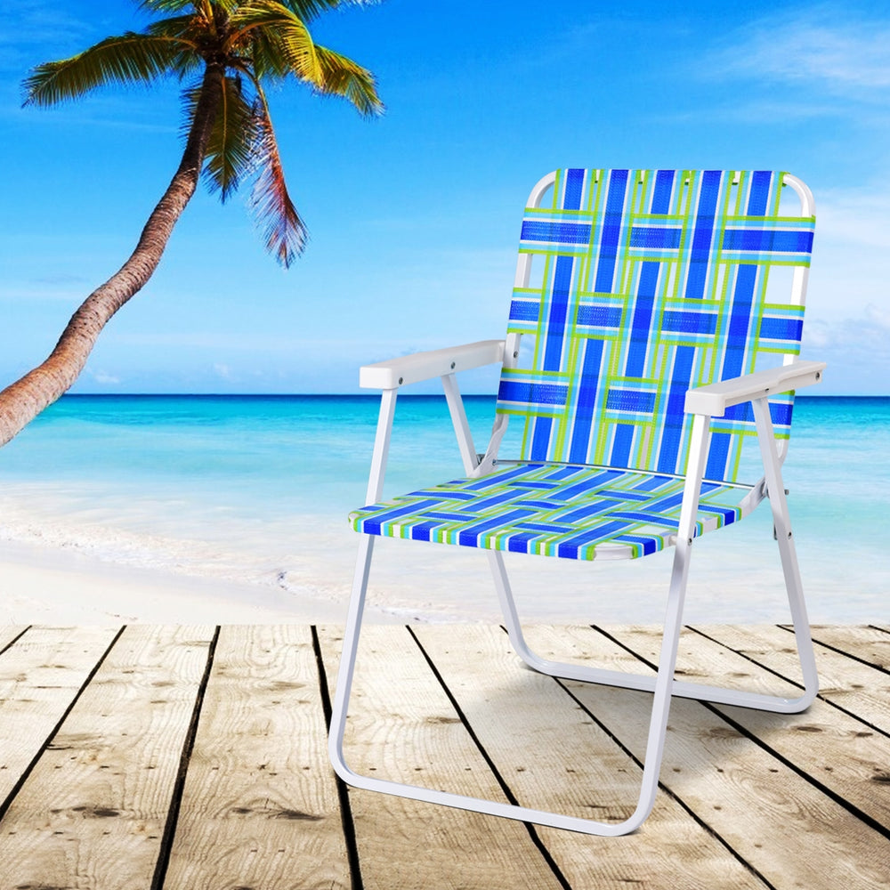 Folding beach chair with blue webbing, featuring a sturdy steel frame, ideal for camping and outdoor relaxation.
