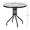 Round 32-inch outdoor patio table with tempered glass top and umbrella hole, made of rust-proof black painted steel.