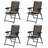 Set of 4 folding dining chairs with adjustable backs, breathable fabric, and rust-proof steel frame for outdoor use.
