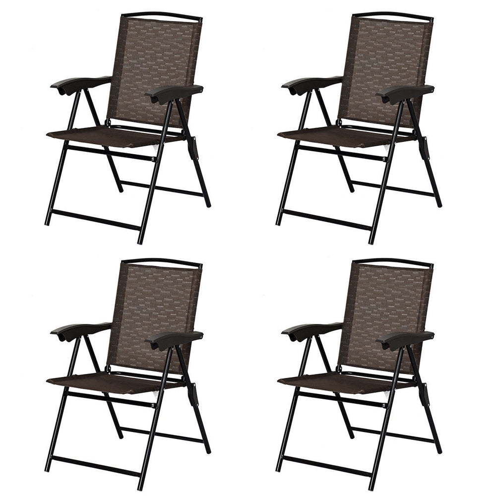 Set of 4 folding dining chairs with adjustable backs, breathable fabric, and rust-proof steel frame for outdoor use.