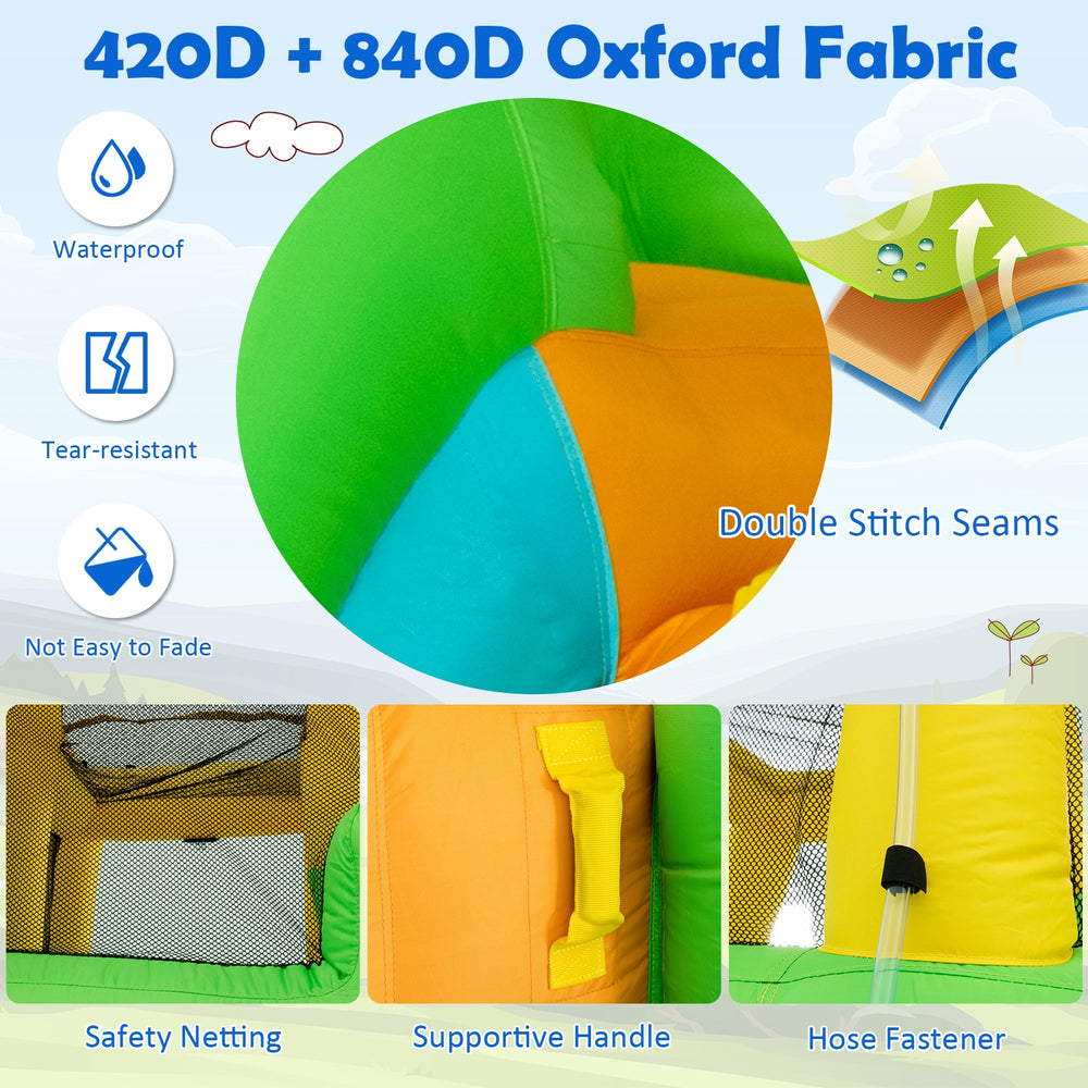 Brightly colored kids inflatable water park bounce house featuring durable 420D and 840D oxford fabric for outdoor fun.