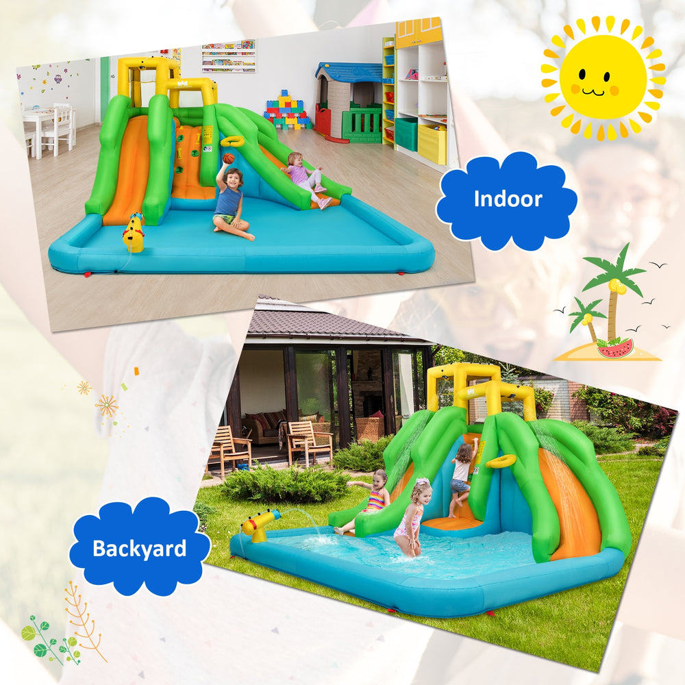 Kids inflatable water park bounce house with slides, bright colors, suitable for indoor and backyard fun.