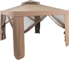 Brown outdoor gazebo featuring mesh panels and a double-tier top, perfect for providing shade and ventilation during.