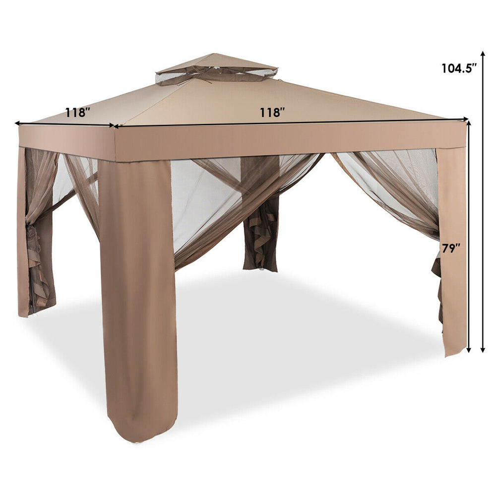 Brown outdoor gazebo with netting, durable polyester fabric, spacious for 3-4 people, ideal for camping and parties.