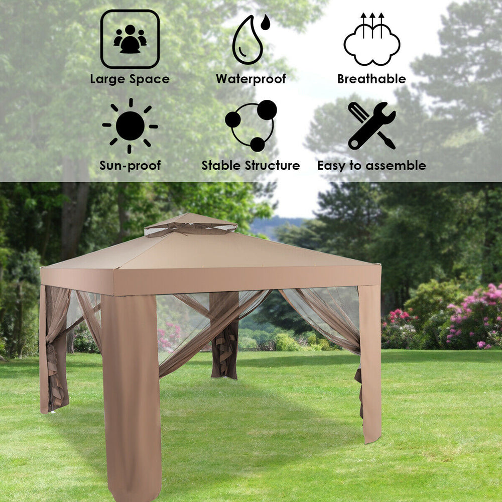 Brown outdoor gazebo with mesh panels and a double-tier top, designed for ventilation and rain protection in outdoor.