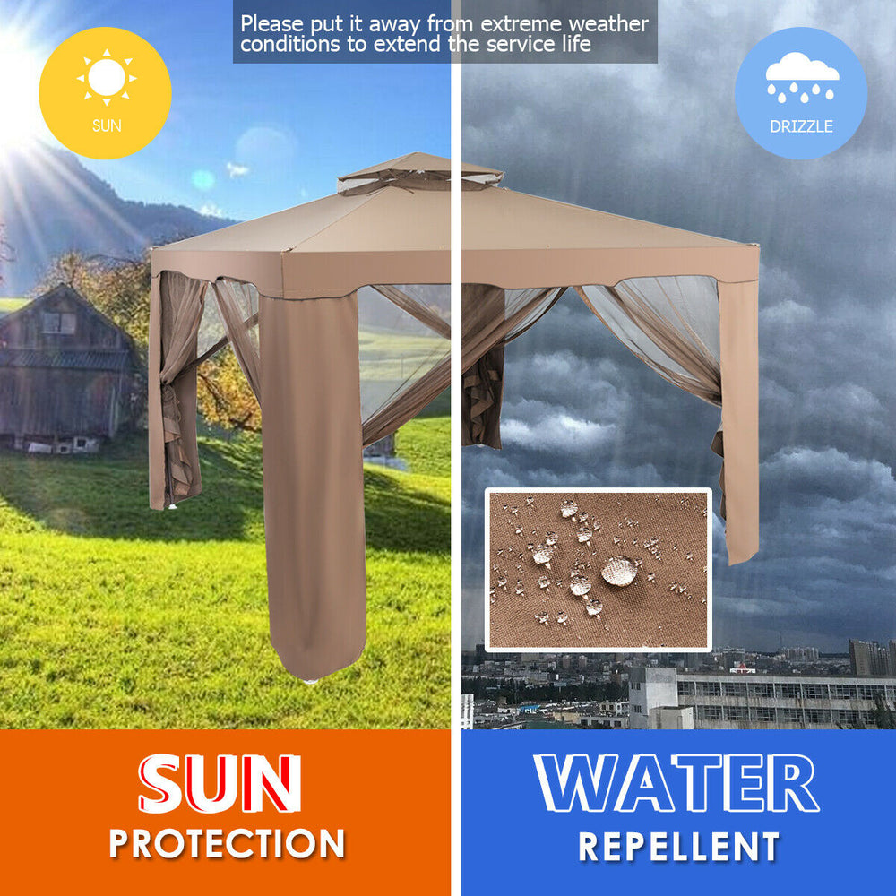 Brown outdoor gazebo with netting, durable polyester fabric, spacious for 3-4 people, ideal for sun and rain protection.