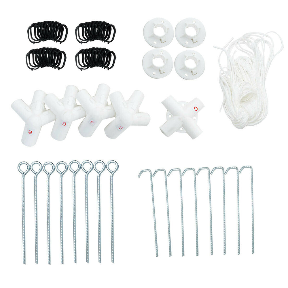 Canopy assembly accessories including stakes, ropes, and connectors for securing the gazebo outdoors.