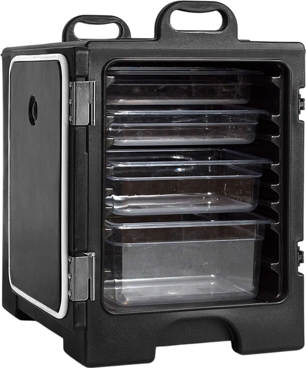 81-quart insulated food pan carrier in black with a revolving door, ideal for maintaining food temperatures for events.
