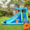 Hippo inflatable water slide bounce house with climbing wall and large splash pool for summer fun in the backyard.