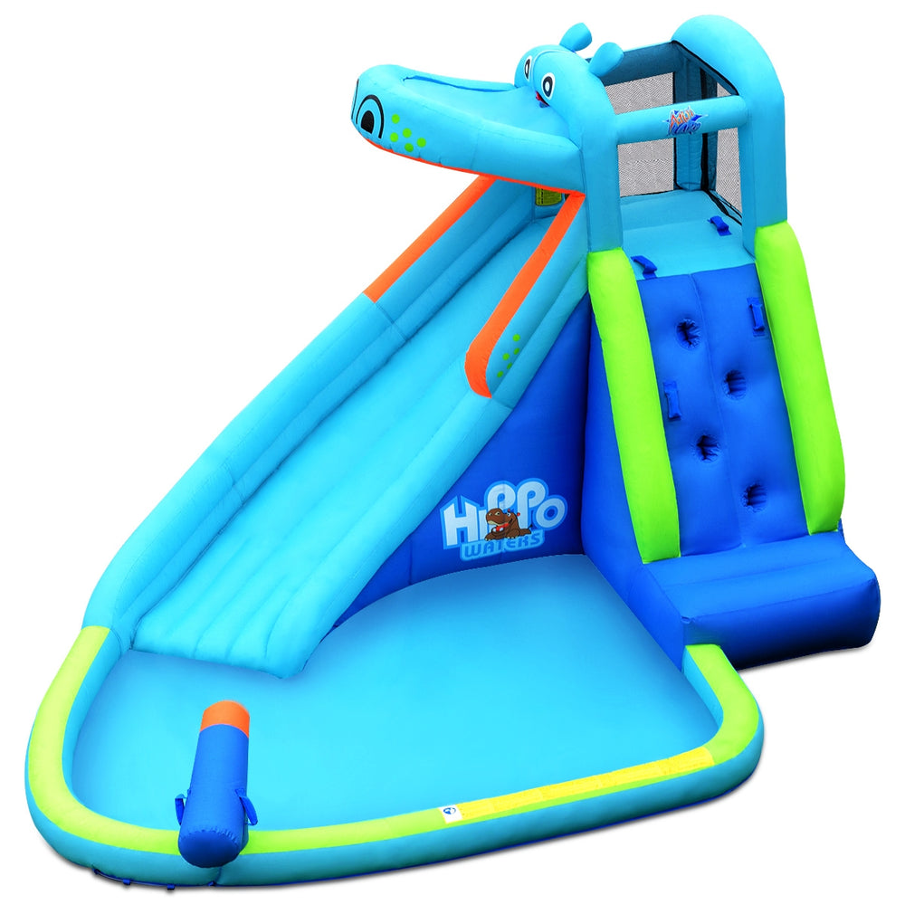 Hippo inflatable water slide bounce house with climbing wall and splash pool, perfect for summer fun and safe play.