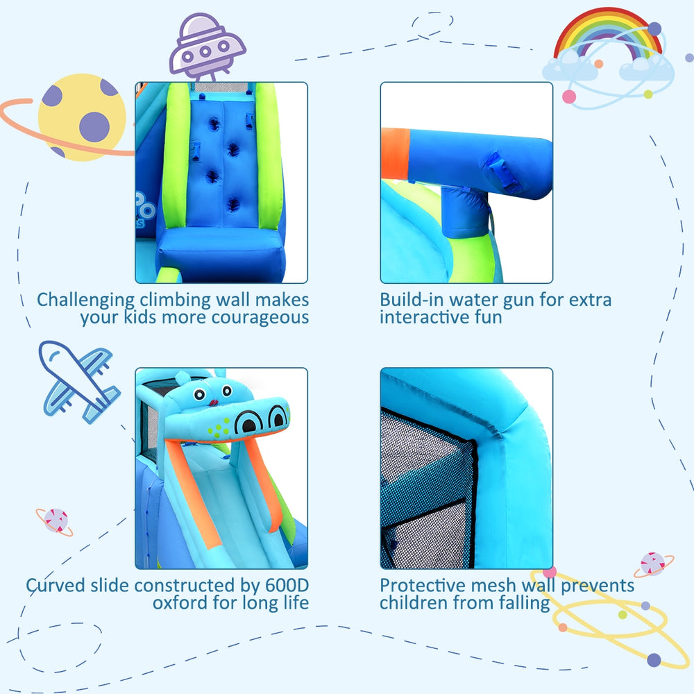 Hippo inflatable water slide with climbing wall, water cannon, and protective mesh for safe summer fun.