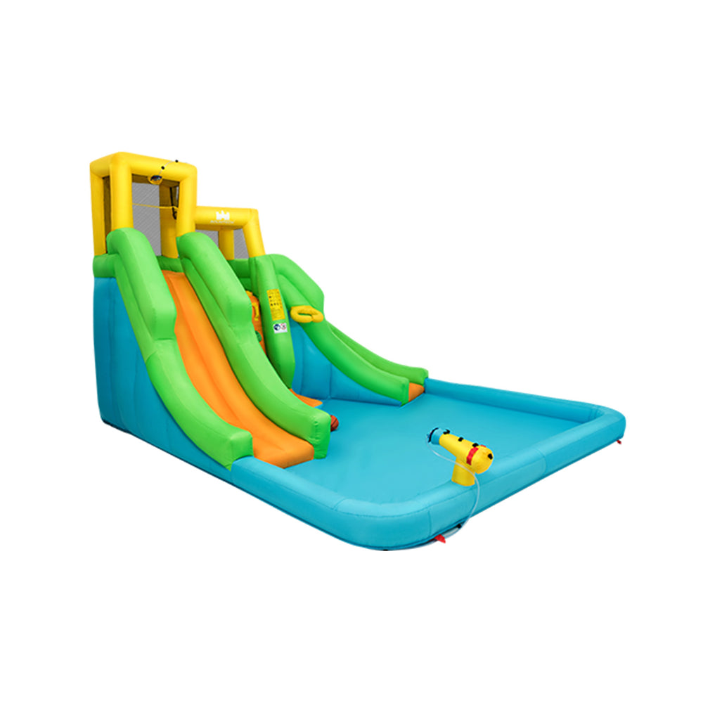 Kids inflatable water park bounce house with dual slides and water spraying function, perfect for outdoor fun.