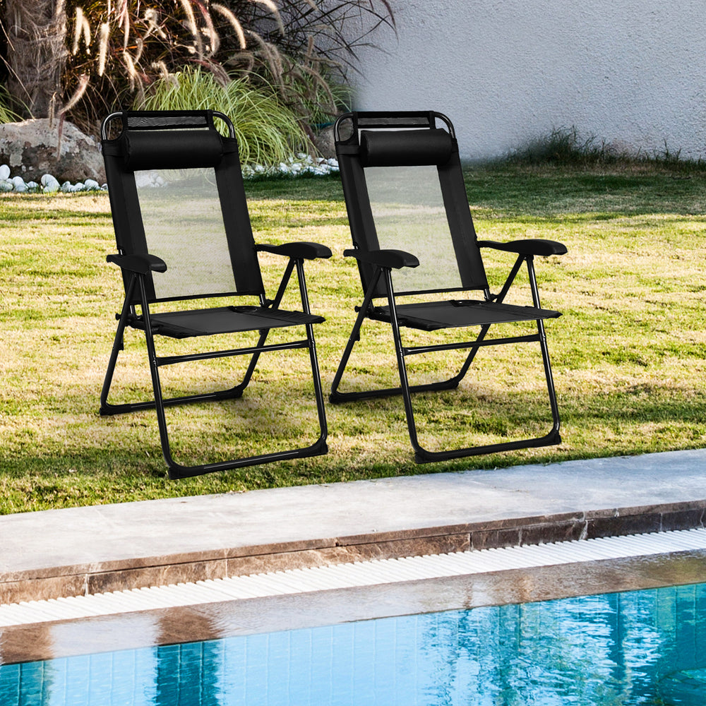 2 Pieces Patio Adjustable Folding Recliner Chairs with 7 Level Adjustable Backrest-Black - Gallery View 1 of 10