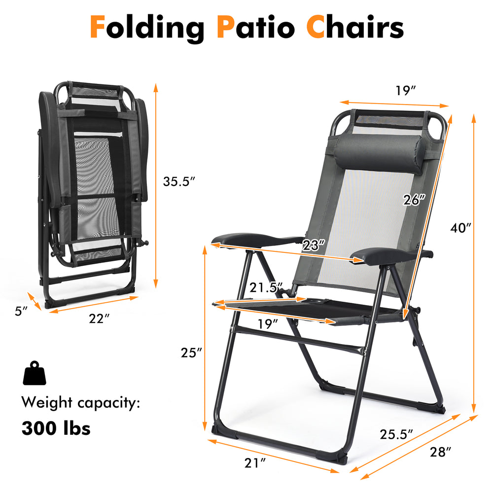 Adjustable folding recliner chair in gray with steel frame, 300 lbs capacity, perfect for outdoor relaxation and.