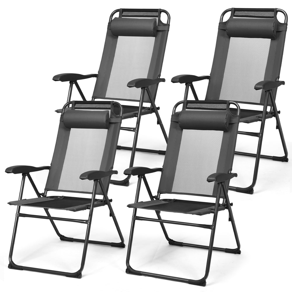 Set of 2 gray adjustable folding recliner chairs with steel frame and breathable mesh, perfect for outdoor relaxation.