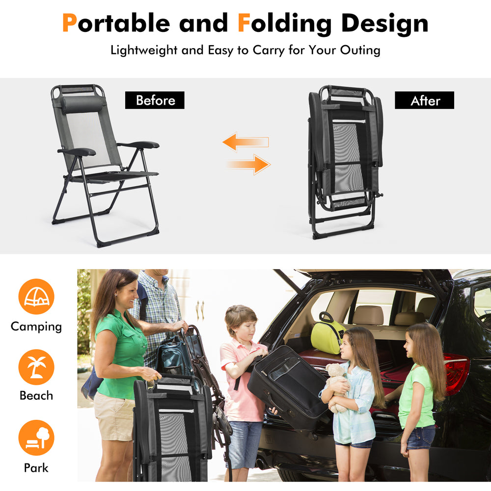 Adjustable folding recliner chair in gray, featuring a lightweight design and seven backrest positions for outdoor.