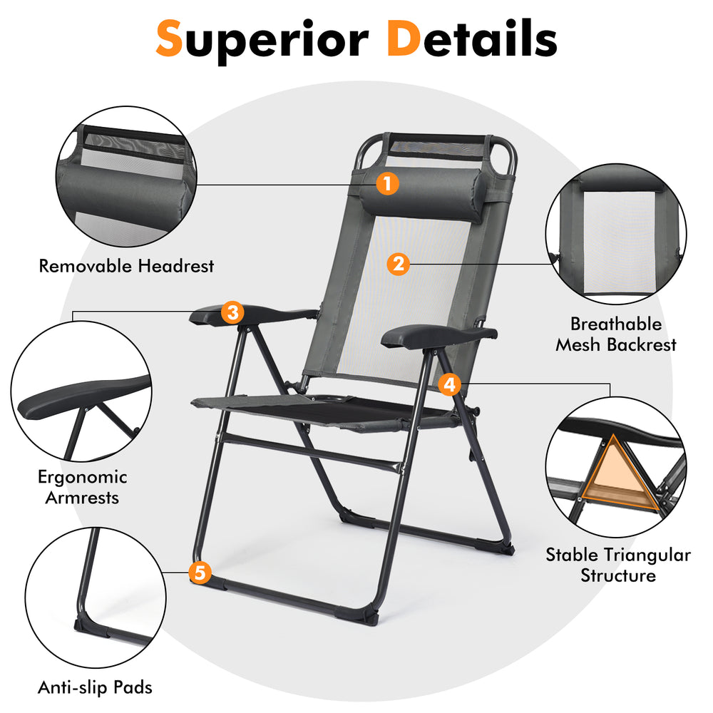 Adjustable folding recliner chair with breathable mesh backrest, ergonomic armrests, and removable headrest for outdoor.