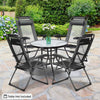 Two gray adjustable folding recliner chairs with steel frames and mesh design, perfect for outdoor relaxation.